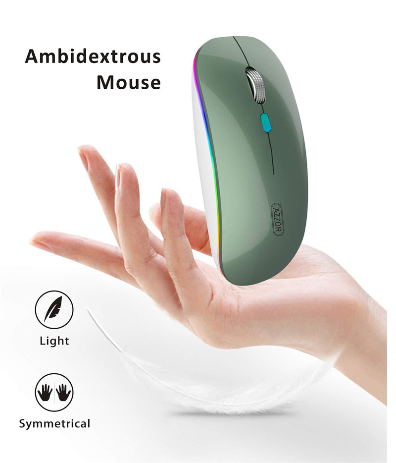 LED Wireless Mouse, G12 Slim Rechargeable Wireless Silent Mouse, 2.4G Portable USB Optical Wireless Computer Mice with USB Receiver and Type C Adapter (Blacklish Green) Blacklish Green