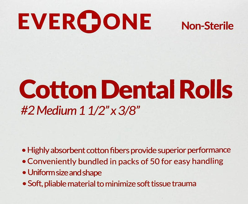 EverOne 1.5" Dental Cotton Rolls No. 2 Medium 100% High Absorbent Cotton, Case of 20 X 50, 1000 Count 50 Count (Pack of 20)