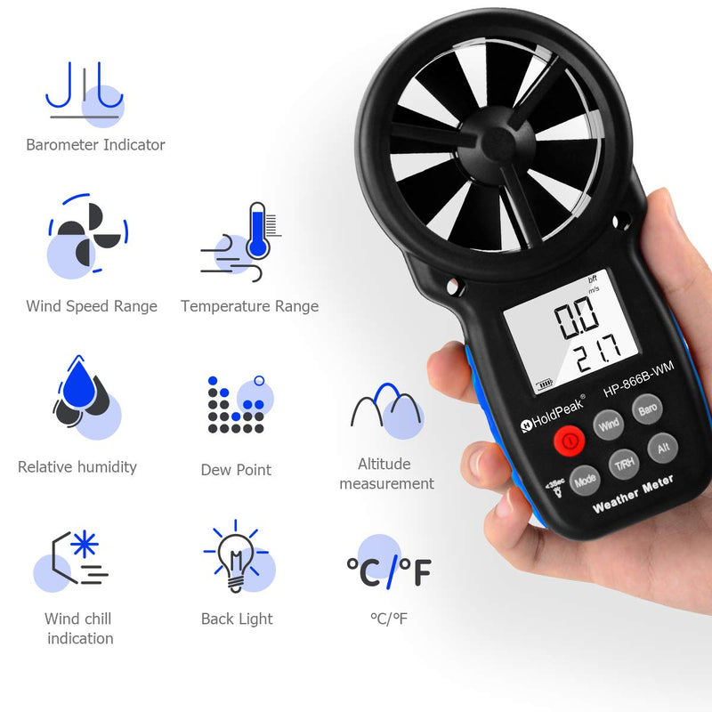 HOLDPEAK 866B-WM Digital Anemometer Handheld Wind Speed Meter with Altitude and hpa measurement, for Measuring Wind Speed, Temperature (℃/℉)，Dew point and Wind Chill with Backlight and Humidity Tester 1Pcs 866B-WM Multifunctional Anemometer