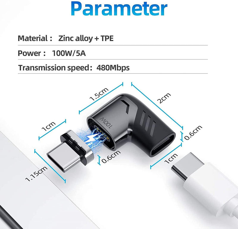 USB C Magnetic Adapter,Right Angle Type C Connector,PD 100W Fast Charge,480Mbps Transfer Speed,Compatible with USB C Phones,Tablets,Laptops USB 2.0 1 Pack