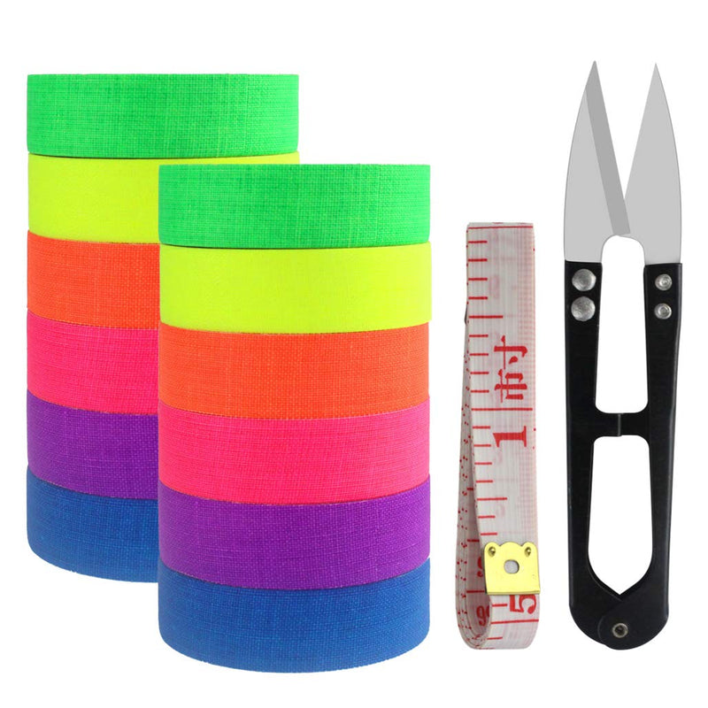 12 Pack UV Blacklight Reactive 6 Color Fluorescent Tape Fluorescent Cloth Tape Colorful Neon Gaffer Tape Neon Reflective Tape Neon Adhesive Tape Glow in The Dark Tape, 0.59"x16.4ft Each Roll