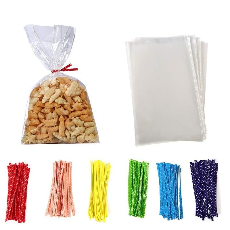 100 Pcs 10 in x 6 in Clear Flat Cello Cellophane Treat Bags Good for Bakery, Cookies, Candies ,Dessert(by Brandon)1.4mil.Give Metallic Twist Ties!