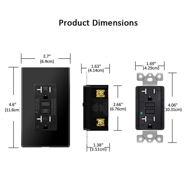 NineLeaf 2 Pack 20Amp 125V GFCI Outlet Receptacles, Tamper-Resistant（TR) Weather-Resistant（WR) with LED Indicator,Decorative Wall Plates and Screws Included, ETL Certified,Black