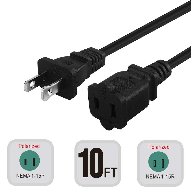 10FT(3M) Polarized US 2-Prong Male-Female Extension Power Cord Cable, 2 Outlet Extension Cable Cord US AC 2-Prong Male/Female Power cable10A/125V,Nema 1-15P to 1-15R Cable Polarity 10-Feet