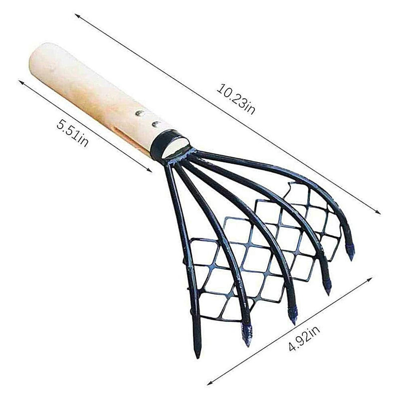 5-Tine Ninja Steel Claws Hand Rake with Mesh Net, Clam Fork, Short Wooden Handle, Ergonomic, Non-Slip, Lightweight, Sturdy, Compact - Comes with Portable Folding Bucket (Blue)