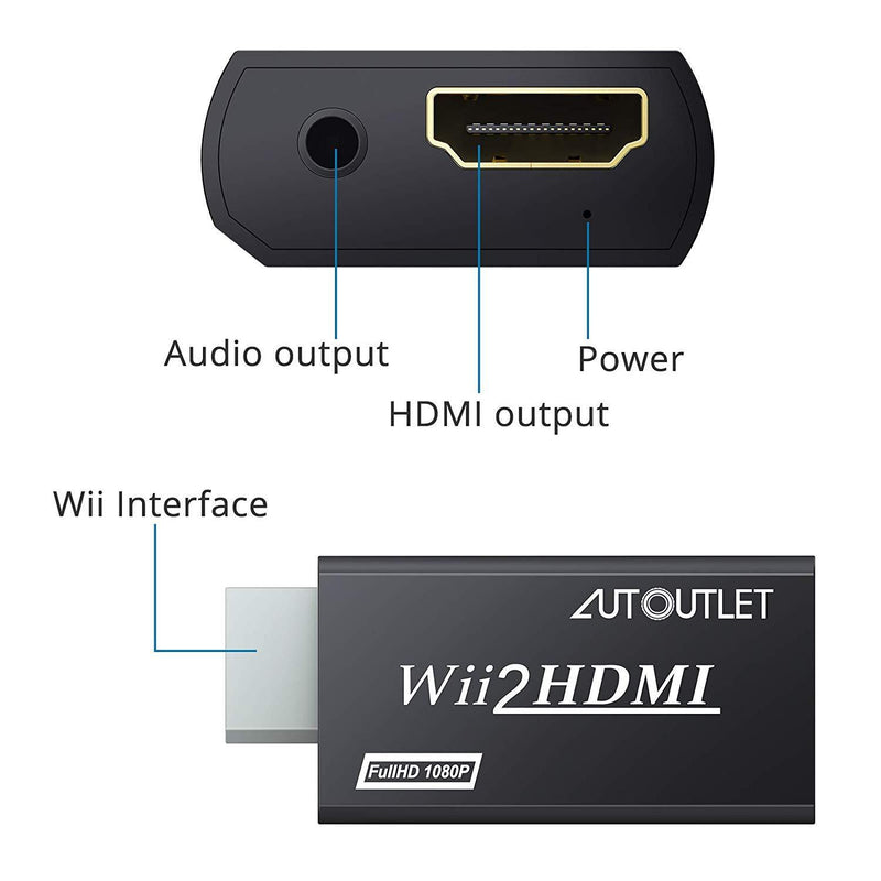 AUTOUTLET Wii to HDMI Converter WII2HDMI Wii Signal to HDMI Support 720P 1080P 3.5MM Audio HD Video Output Adapter with 1M HDMI Cable for Nintendo Wii Black