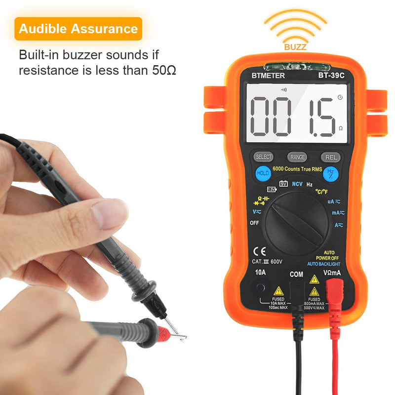 BTMETER BT-39C True RMS Digital Multimeter Auto Ranging for AC DC Voltage,Current, Resistance, Capacitance Tester with Temp Battery LED Test Auto Backlit Orange