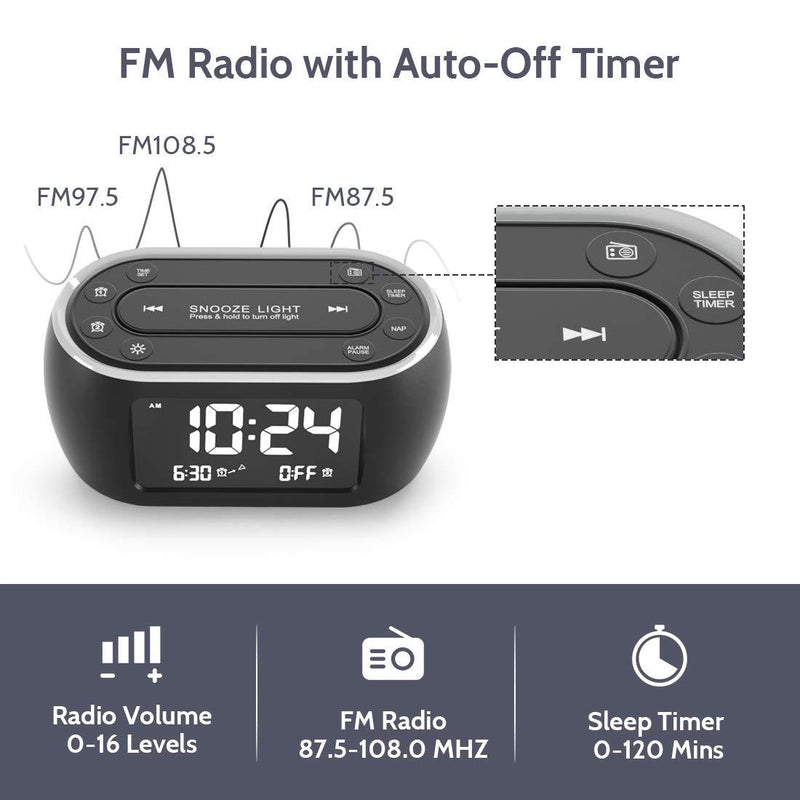 Housbay Glow Small Alarm Clock Radio for Bedrooms with 7 Color Night Light, Dual Alarm, Dimmer, USB Charger, Battery Backup, Nap Timer, FM Radio with Auto-Off Timer for Bedside Black
