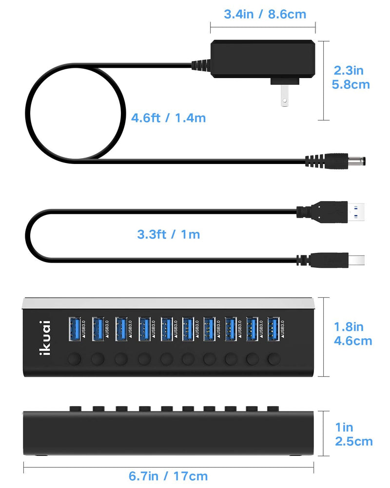 Powered USB Hub 3.0 ikuai Aluminum 10 Port USB 3.0 Data Hub Splitter with 12V/3A 36W Power Adapter and Individual On/Off Switches for Desktop PC Laptop and More