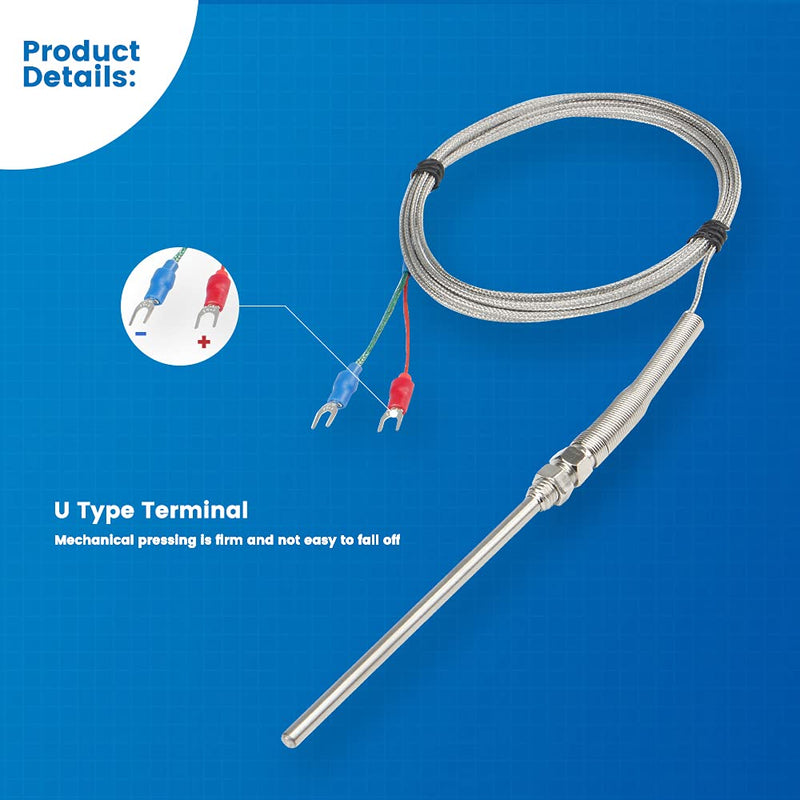 CGELE K-Type Thermocouple Temperature Sensors 0~600℃，3M/9.8Ft Wire Probe Length 100mm Two Wire 100×5mm Stainless Steel Probe Temperature Detector Temperature Gauge Probe Length 100mm(3M)