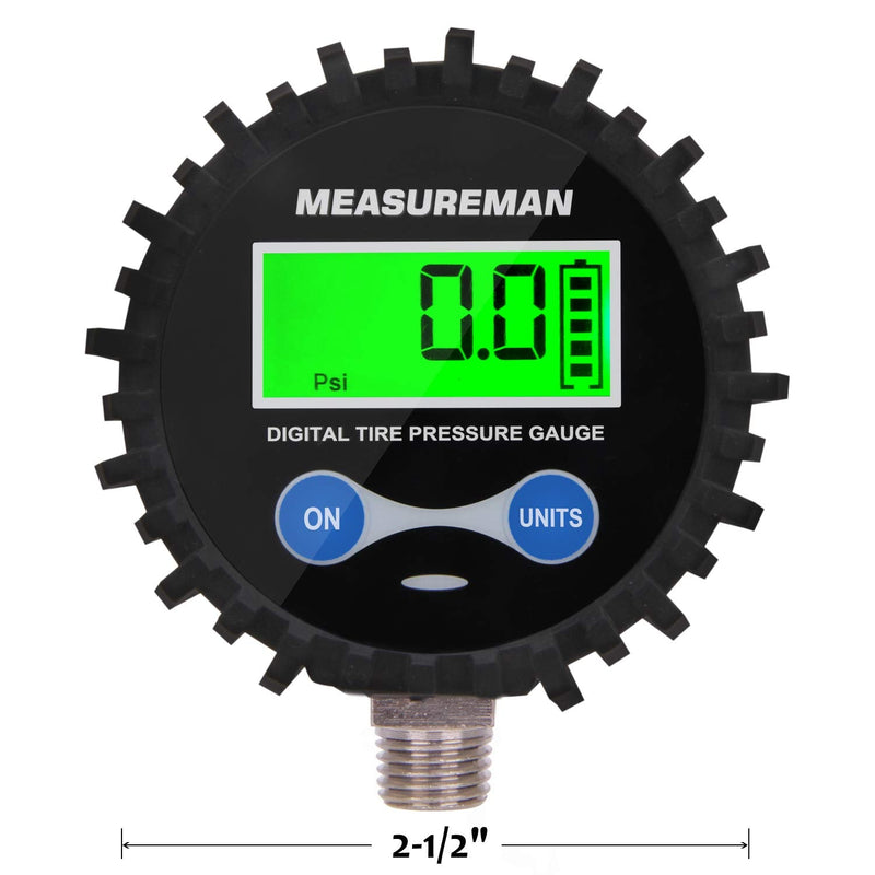 MEASUREMAN 2-1/2" Dial Size Digital Air Pressure Gauge with 1/4'' NPT Bottom Connector and Protective Boot, 0-200psi, Accuracy 1%, Battery Powered with LED Light 2.5" 1/4"NPT lower Short thread 0-200psi