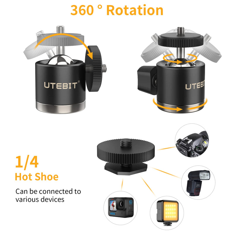 UTEBIT Magnetic Camera Mount 1/4 Screw Vertical Suction 44lb with Action Camera Adapter & Phone Holder 360° Swivel Mini Tripod Ball Head Max Load 3kg Compatible with GoPro Webcam Phone Vlogging