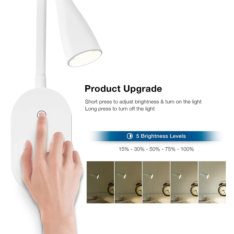 Wall Reading Light for Books in Bed, USB Output Headboard Wall Lamp,5 Dimmable Touch Control Reading Lamp,3000k LED Warm Light, Easy to Install（White） White-3000k-1 Pack
