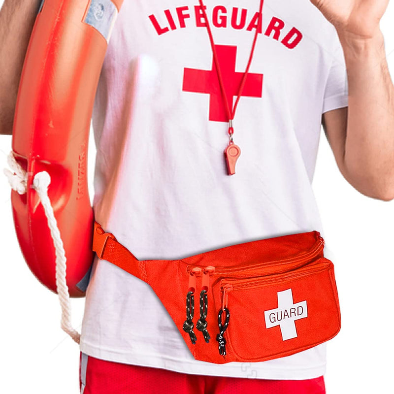 NOVAMEDIC First Aid Empty Fanny Pack, 8"x2"x6", Waist Bag with 3 Zippered Compartments & Adjustable Strap for Lifeguard, Hiking, Travel Men & Women, Durable, Red