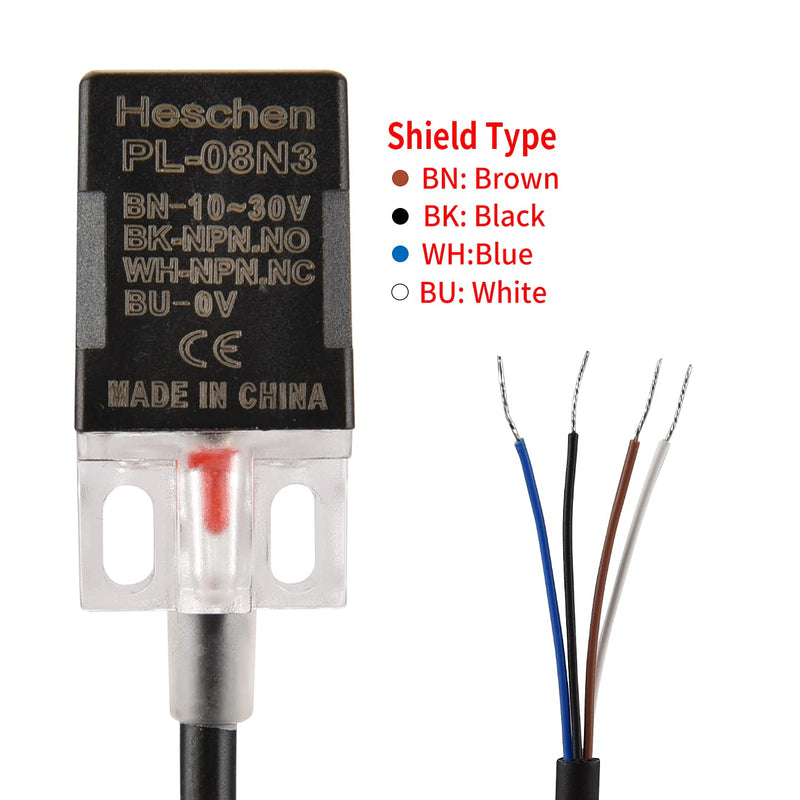 Heschen Square Inductive Proximity Sensor Switch Non-Shield Type PL-08N3 Detector Distance 8mm 10-30VDC 200mA NPN NO+NC 4 Wire
