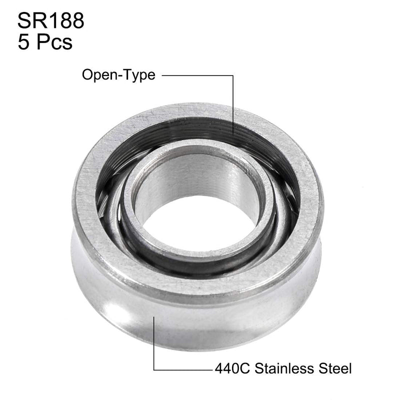 uxcell SR188 Open Stainless Steel Ball Bearing 1/4" x 1/2" x 3/16" R188 Bearings 5pcs