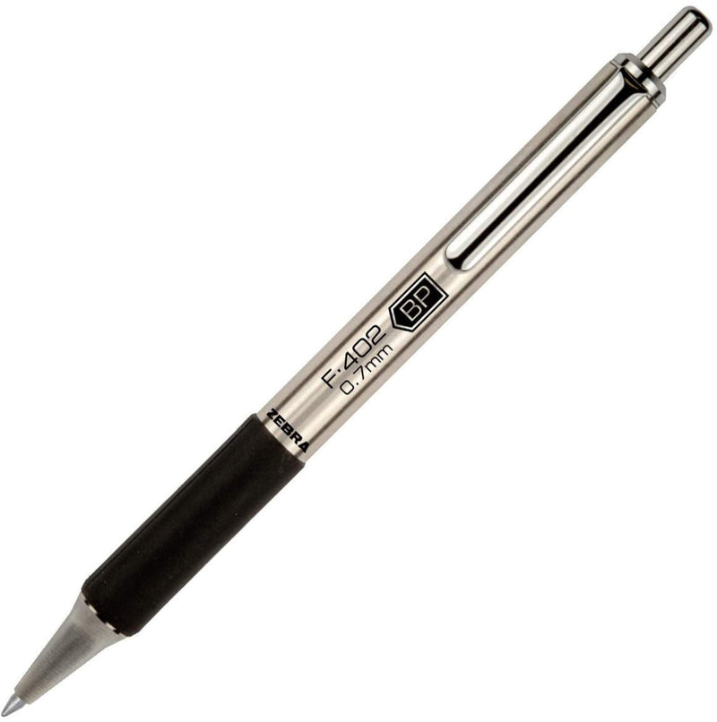 Zebra Pens Fine Point F-402 Ballpoint Stainless Steel Pen, 0.7mm Black Ink, 2 Black Ink Retractable Metal Pens with 2 Black Ink Refills in Pack, 0.7mm Fine Point Pens With .7 mm F402 Zebra Pen Refill.