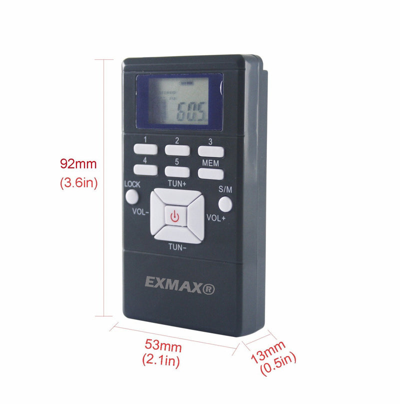 EXMAX® EXG-108 Wireless Stereo FM Radio Receiver Portable Pocket Small Mini FM Radio Receiver Earbuds LCD Clock Earphone for FM Translator Tour Guide System Jogging Running Walking Yardwork - Gray