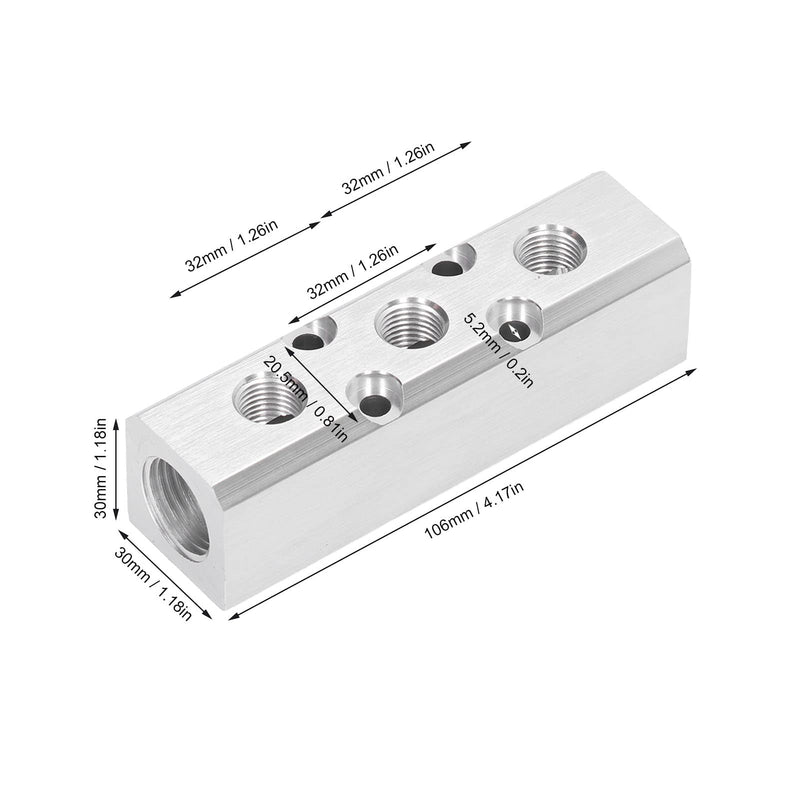 Eujgoov Pneumatic distributor block air distributor block aluminum block compressed air distributor pneumatic block G1/2 inlet G1/4 outlet 30x30mm(SY30-02-3F) SY30-02-3F