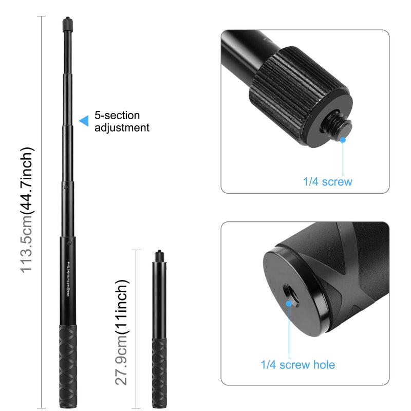 PULUZ Third Person Perspective Motorcycle Bike Handlebar Mount Selfie Stick Long Pole for Gopro, Insta360, Action Camera Bracket Adapter Clamp Holder with Monopod Stand 11-44.7 inch Adjustable Length