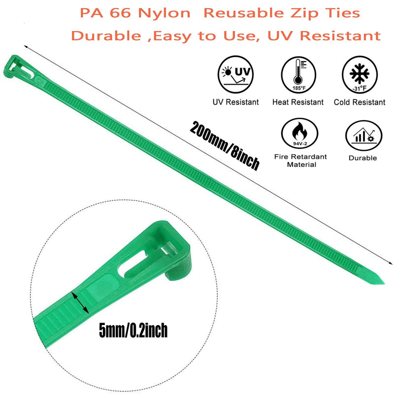Releasable Reusable Zip Ties 8 inch Heavy Duty Zip Tie Green Cable Ties Reusable 100 Pack 50lb Tensile Strength Nylon Cable Wire Ties for Multi-Purpose Use Indoor And Outdoor Plastic Tie Wire green zip ties 8 inch