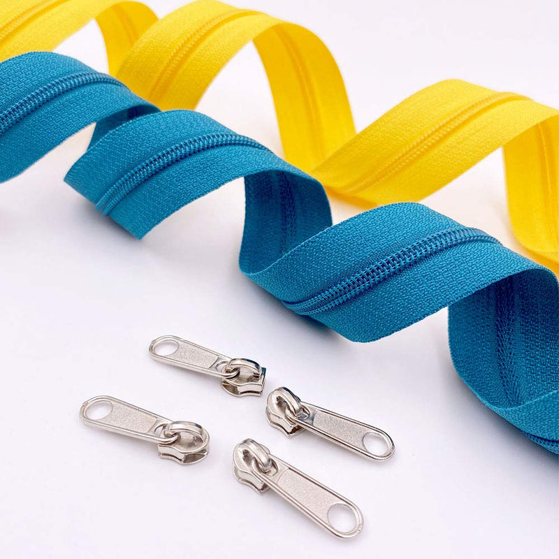 10Yards Bulk Zippers #3 Nylon Coil Zippers by The Yard with 15pcs Auto-lock Zipper Sliders and 10pcs Silver Pulls for Sewing Crafts Bages(#3 Deep Acid Blue)