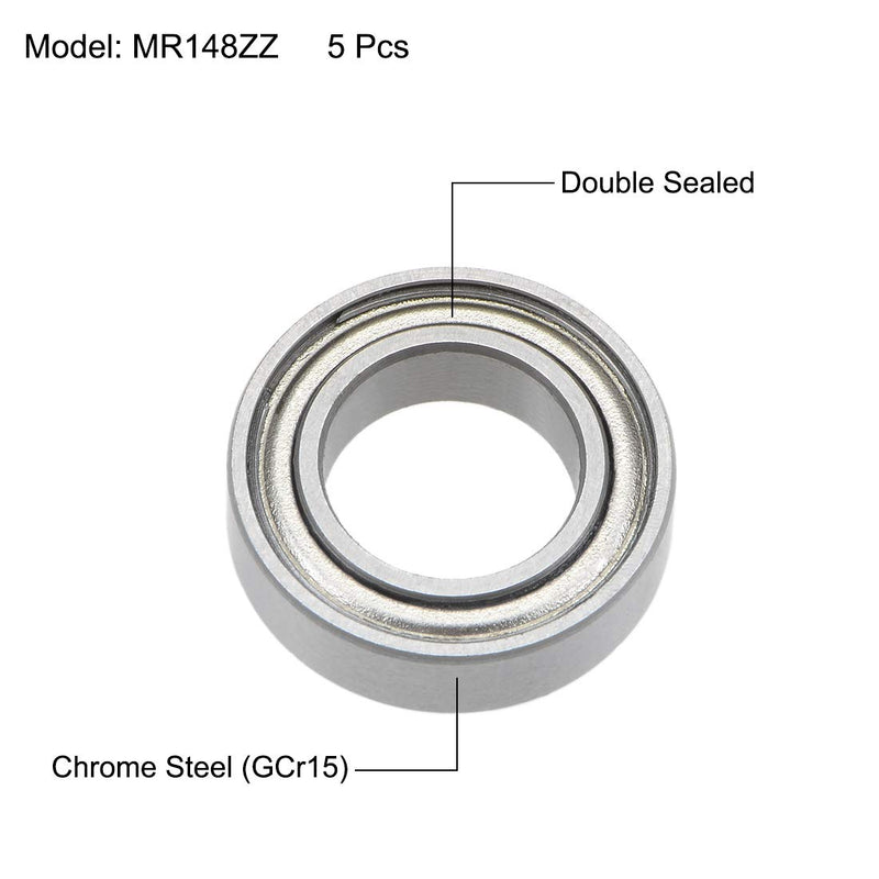 uxcell MR148ZZ Deep Groove Ball Bearings 8mm Inner Dia 14mm OD 4mm Bore Double Shielded Chrome Steel Z2 5pcs