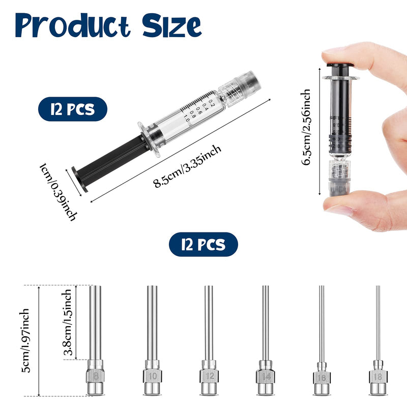 24 Pieces Borosilicate Glass Syringes Set Include 12 Pieces 1 ml Borosilicate Glass Syringe Luer Lock and 12 Pieces Stainless Steel Luer Lock Dispensing Needle for Thick Liquids, Ink, Glue, Lab Use