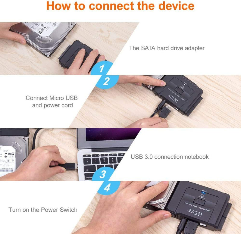 WEme USB 3.0 to SATA IDE Adapter with Universal 2.5" 3.5" Hard Drive Disk Converter for HDD SSD and IDE HDD, Support 12TB and One-Touch Backup, Include 12V 2A Power Adapter and USB 3.0 Cable for Laptop USB3.0 to SATA+IDE adapter