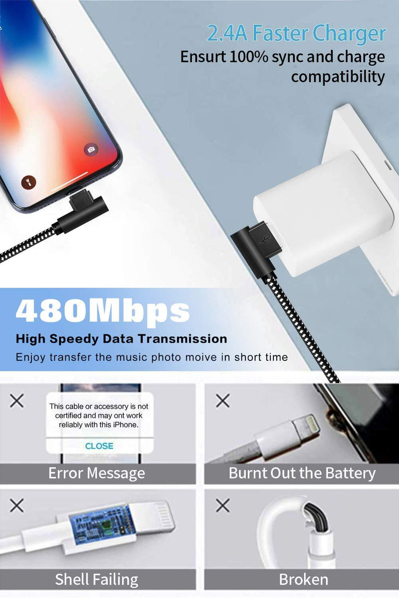 Made for The Game Connecting Cable, [3-Pack] 6ft 90 Degree Durable and Fast Charging Cable Compatible with iPhone Xs Max/XS/XR/7/7Plus/X/8/8Plus/6S/6S Plus/SE (6ft, Black White)