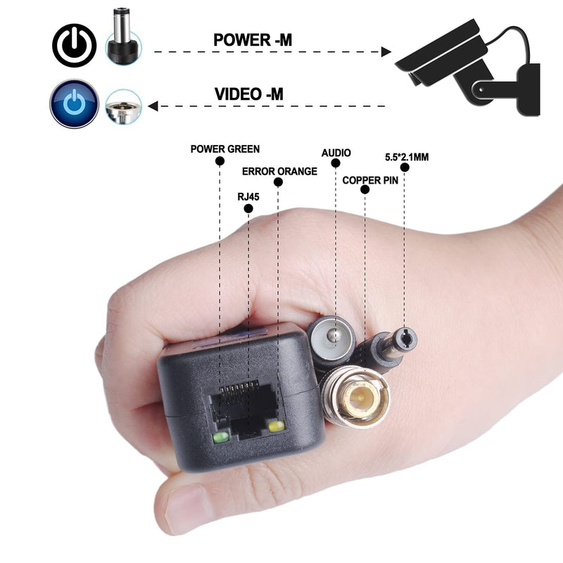 Passive Video Balun 8 Pairs Passive Video Power Balun Audio Connector 720P -2MP BNC to RJ45 Network Transceiver Cat5e/Cat6 BNC to ethernet Adapter AHD/TVI/CVI/CVBS for Full HD Security Camera System