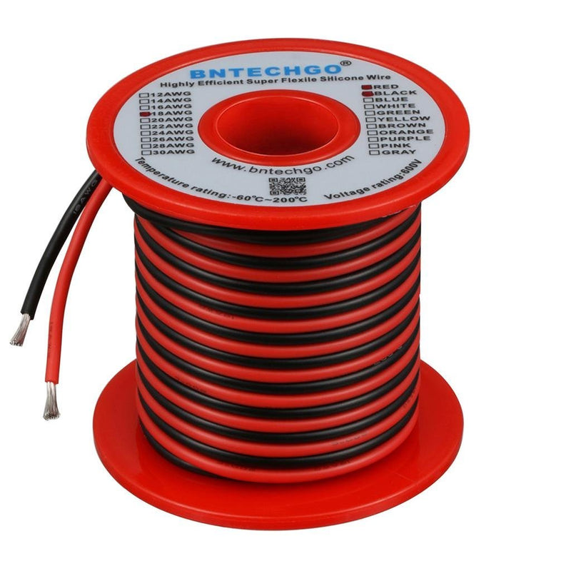 BNTECHGO 18 Gauge Silicone Wire Spool Red and Black Each 25ft 2 Separate Wires Flexible 18 AWG Stranded Copper Wire 18 gauge silicone wire 25ft red and 25ft black 18 gauge silicone wire red and black