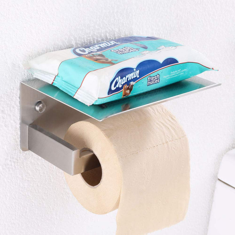 Toilet Paper Holder with Phone Shelf Brushed Nickel, APLusee Bathroom Accessories SUS 304 Stainless Steel Tissue Roll Dispenser Storage Wall Mounted