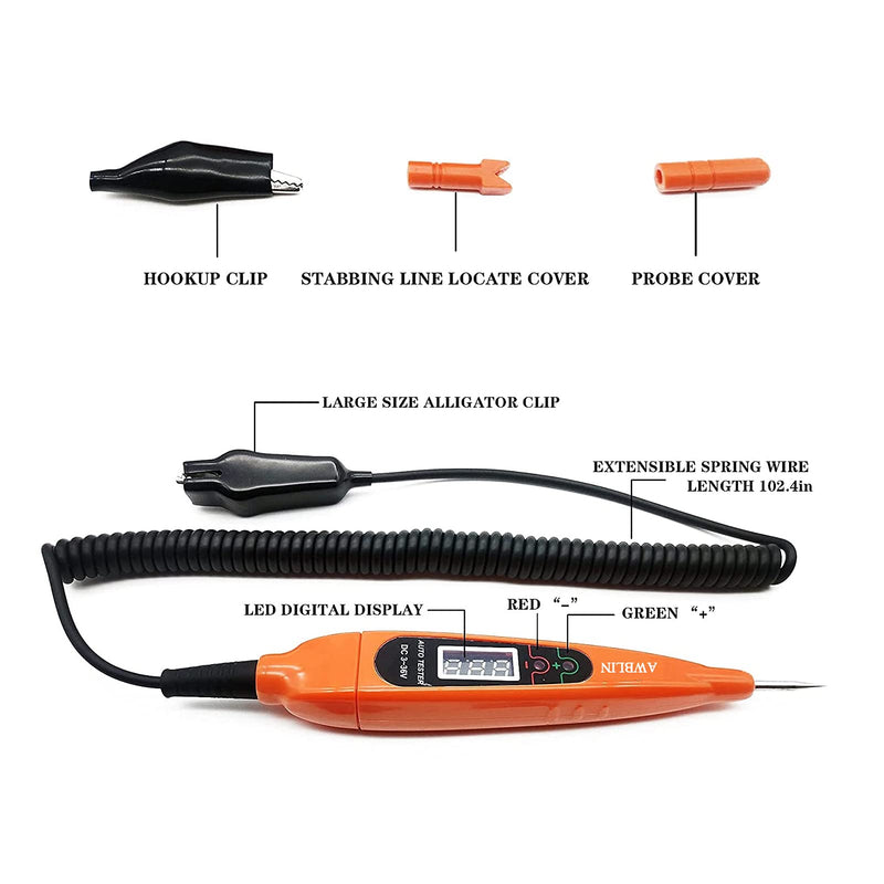 AWBLIN Automotive Test Light Digital LED Circuit Tester, 3-60V DC Auto Electric Tester Light Tool with Voltmeter and Probe for Checking Vehicle Car Truck Motorcycle Boat Fuses and Battery Voltage