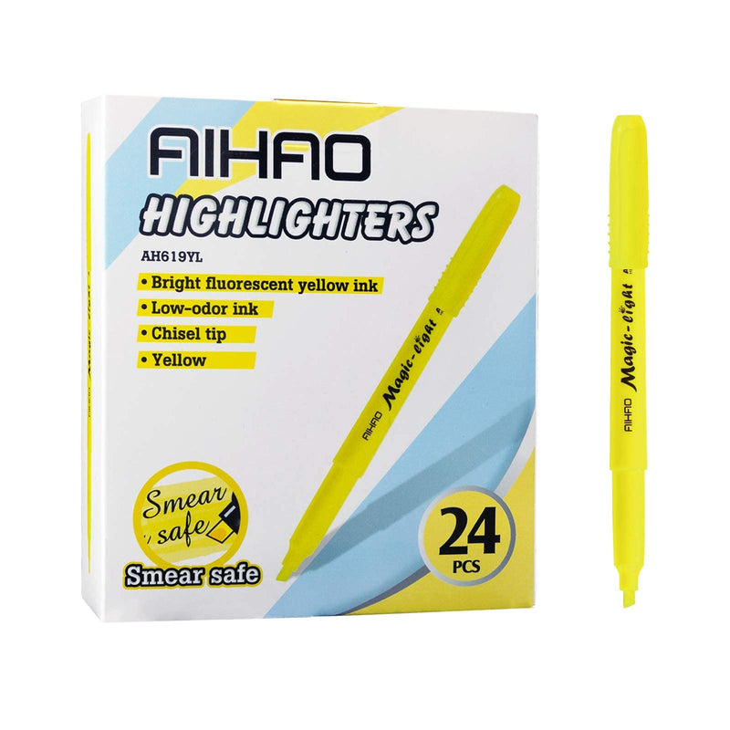 AIHAO Highlighters Markers, Chisel Tip Highlighter Pens, Pocket-Style, Fluorescent Yellow, 24 Pack 黄色