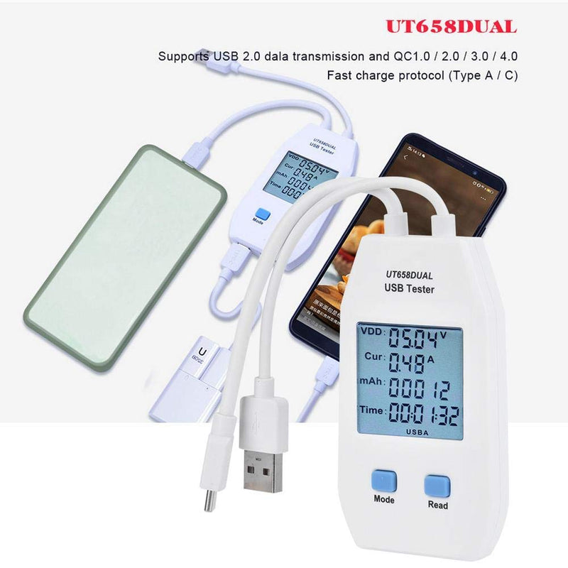(UT658 Dual) USB Detector Digital Voltmeter Ammeter Power Capacity Voltage Current Meter Used to Inspect USB Chargers, Portable Power Sources