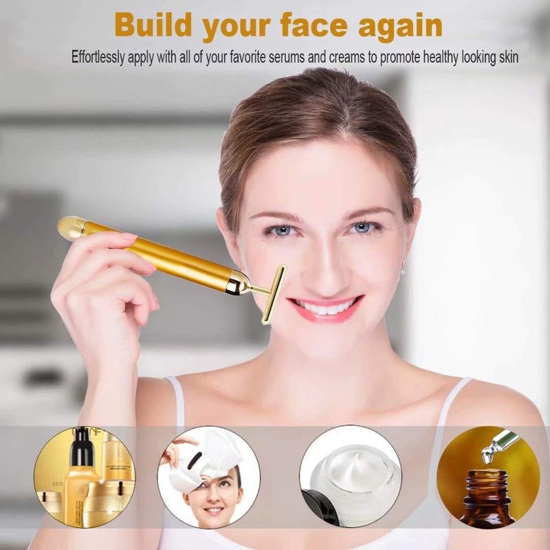 GOODYBUY Beauty Bar 24k Gold Skin Care Face Massager Roller, 2 in 1 Electric 3D Roller and T Shape Energy Beauty Bar for Face Lift and Skin Tightening
