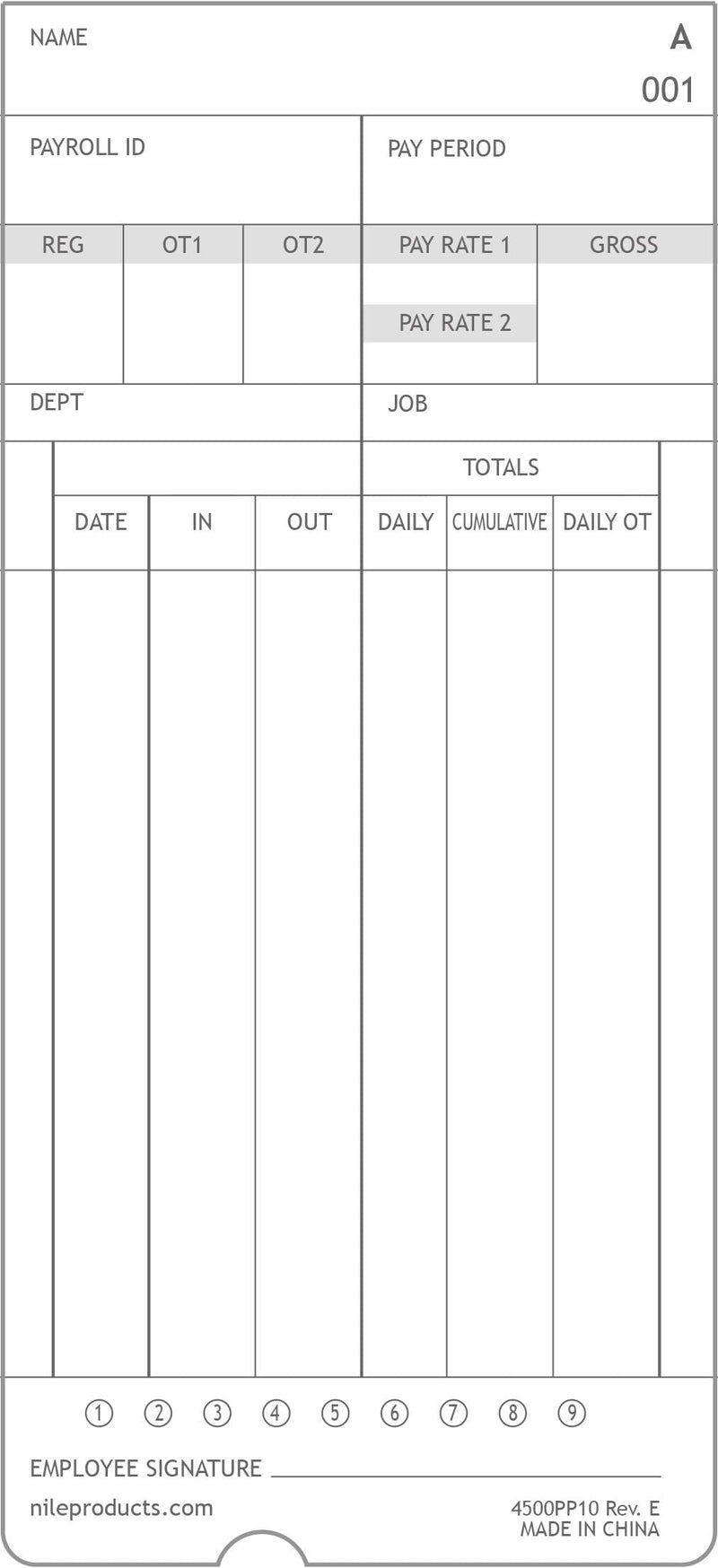 Nile Products, 4500PP10, genuine and authentic time cards for the Nile Products model number 4500PP calculating time clock, 100 per pack, time cards