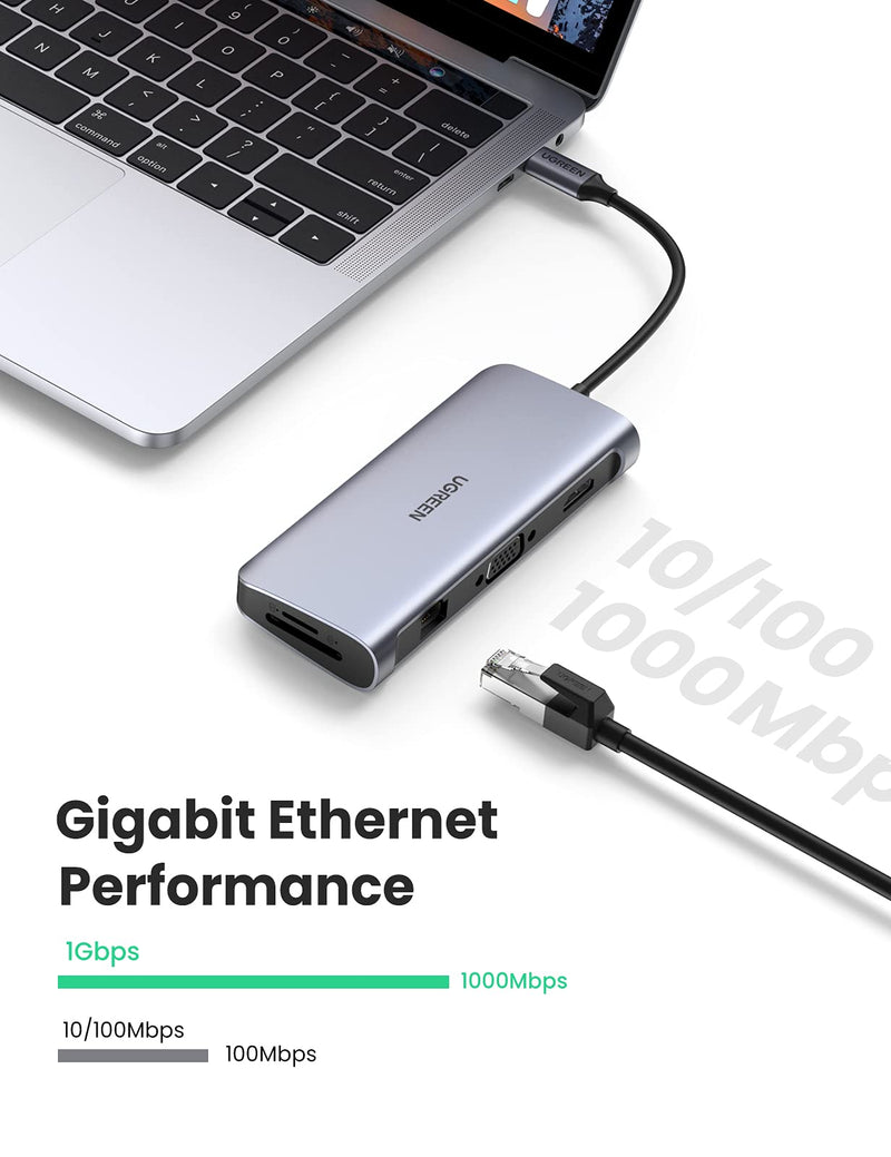 UGREEN USB C Docking Station, 10 in 1 Laptop Docking Station with Gigabit Ethernet 4K HDMI VGA 100W Power Delivery 3 USB 3.0 Ports 3.5mm Audio Jack SD TF Card Reader for MacBook Pro Air Dell HP