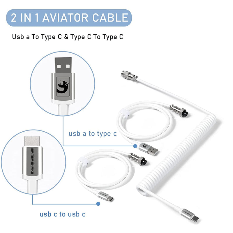 Coiled Keyboard Cable for Gaming Custom Keyboard,Double-Sleeved Coiled USB C Cable with Detachable Metal Aviator,2 in 1 USB C to A and C Cable for Mechanical Keybaord,Printer,Phone,Ipad,Xbox-White White