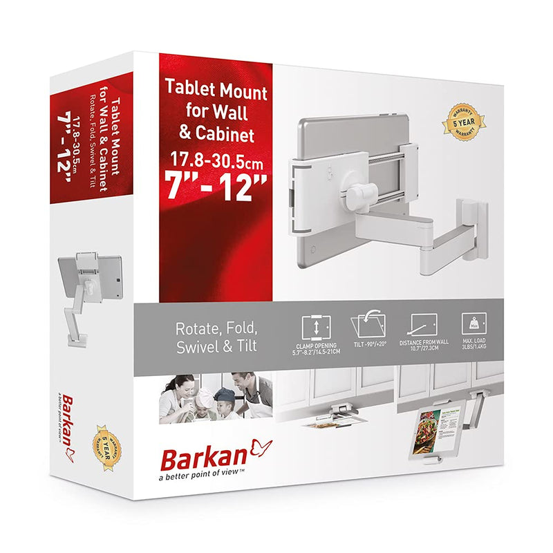 Barkan 7 - 12 inch Full Motion - 4 Movement Tablet Mount for Wall & Cabinet 3 lbs White Firm Tablet Clamp 360 Degree Rotation (T54) Wall Mount, Full Motion