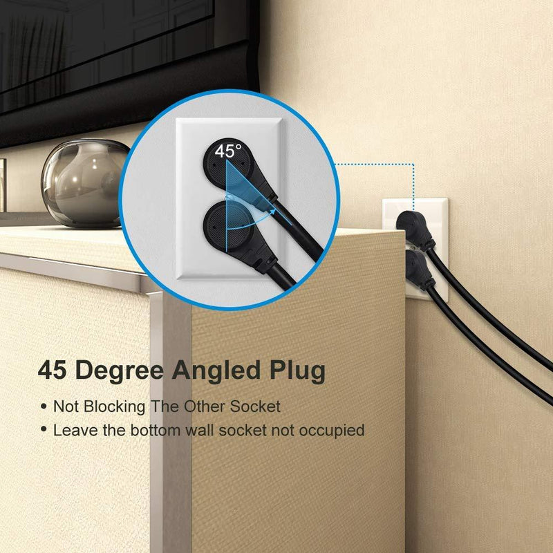 DEWENWILS 1 Foot Extension Cord, Low Profile Angled Flat Plug, 3 Prong Grounded Wire, SJT 14 AWG Flexible Power Cord, Rated for Indoor Use, ETL Listed, 3 Pack Black