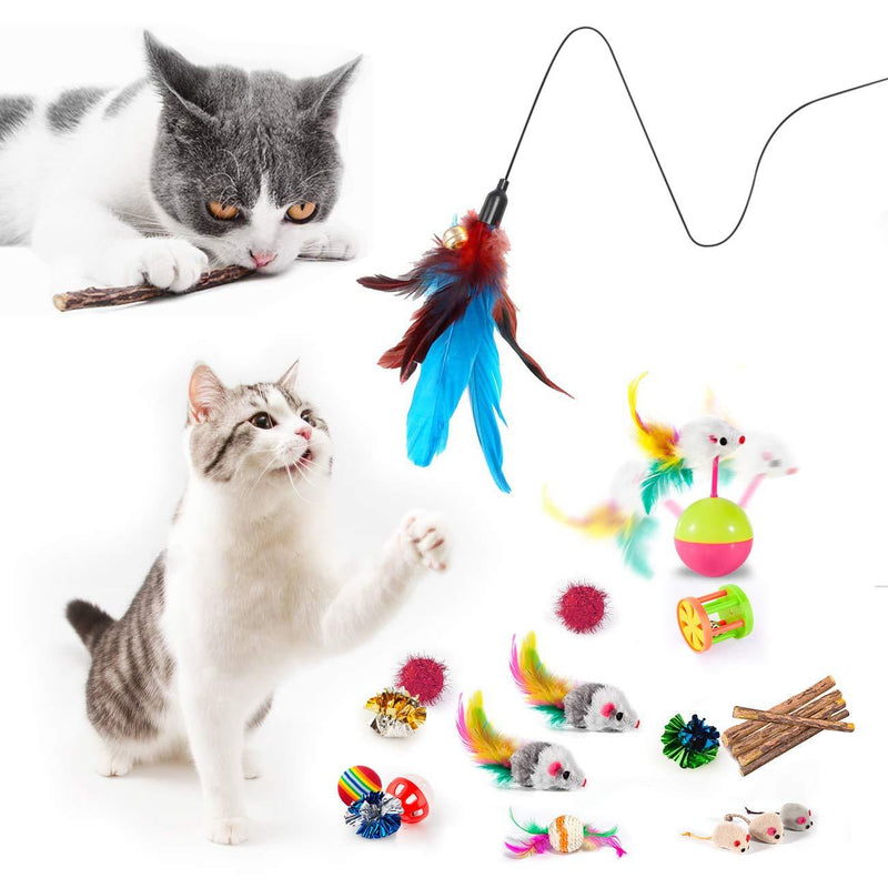 Mibote 28 Pcs Cat Toys Kitten Toys Assorted, Cat Tunnel Catnip Fish Feather Teaser Wand Fish Fluffy Mouse Mice Balls and Bells Toys for Cat Puppy Kitty with Storage Bag Basic