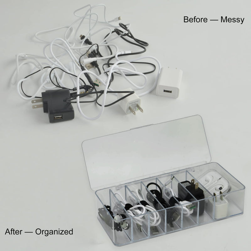 Electronics Organizer 7 Sections Clear Acrylic Cable Storage Bin Box Cord Holder with 20 PCS Reusable Fastening Fabric Cable Ties Straps Cord Wraps (7 Sections/with Cover) 7 Section / With Lid