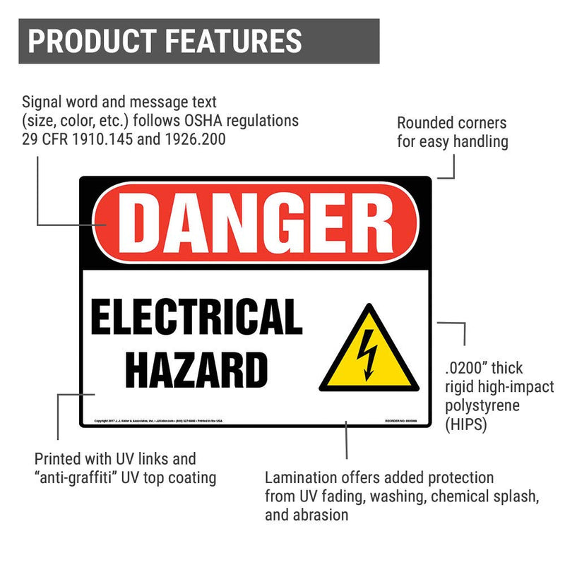 Danger: Electrical Hazard Sign - J. J. Keller & Associates - 14" x 10" Laminated Plastic with Rounded Corners for Indoor/Outdoor Use - Complies with OSHA 29 CFR 1910.145 and 1926.200