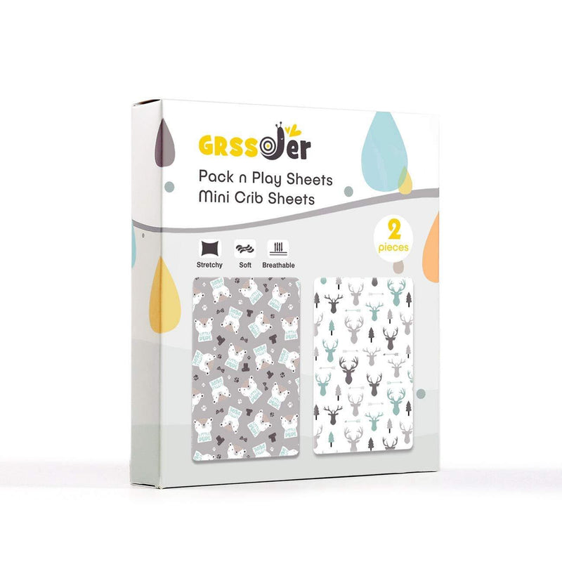 GRSSDER Stretch Ultra Soft Jersey Knit Fitted Pack n Play Sheets , 2 Pack Playard Sheets for Baby Girls and Boys , Cute Bear and Deer Gray