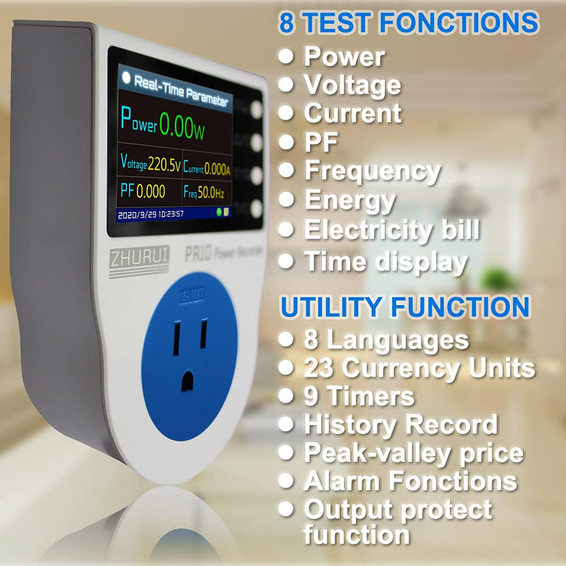 ZHURUI PR10-E US15A power meter plug/home power metering socket/watt meter/2.4 inch TFT color LCD/0.5FS(New) PR10-E-NEW