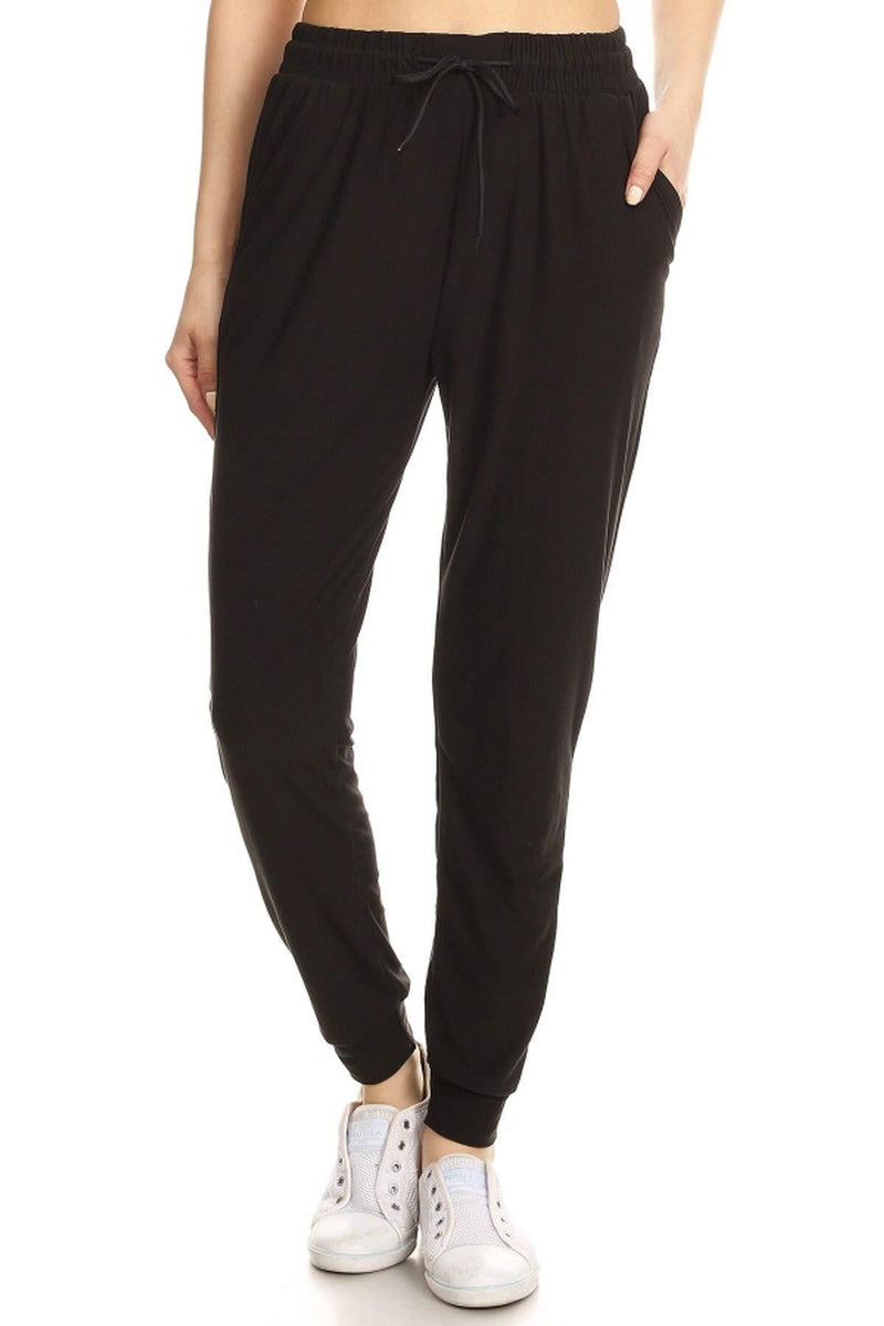 Leggings Depot Women's Printed Solid Activewear Jogger Track Cuff Sweatpants Black Small