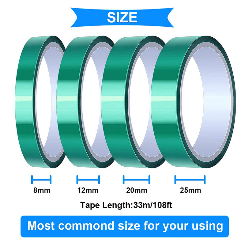 DAOKI 4 Rolls Polyester High Temp Tape Green PET Tape 8/12/20/25mm x 33m(108ft) Silicone Adhesive Tape for Masking, Circuit Boards with 2 Rolls 15mm x 10m(33ft) Teflon Tape 8mm,12mm,20mm,25mm