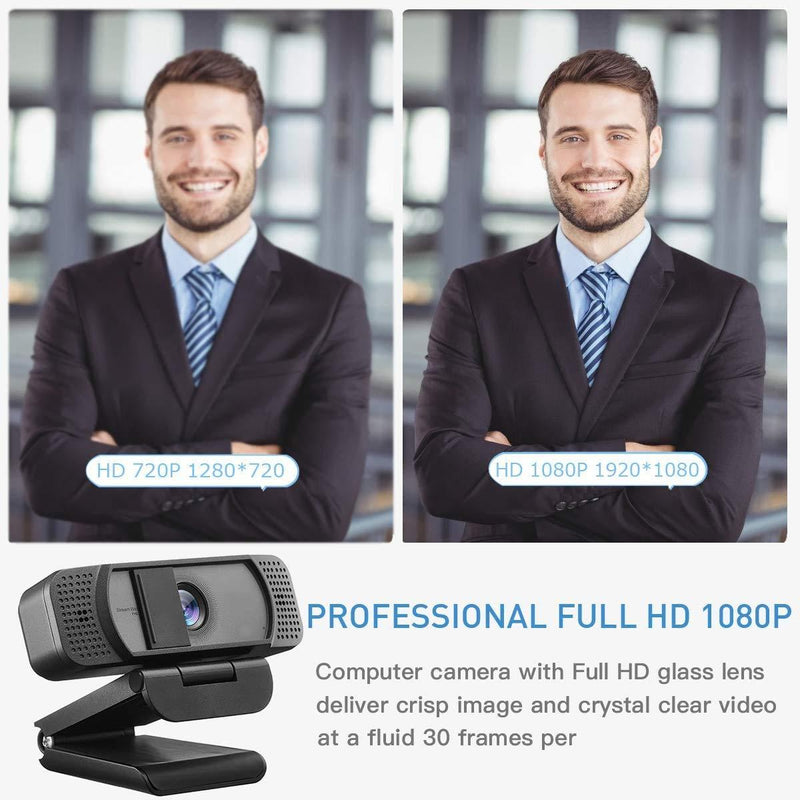 Webcam HD 1080p-Streaming Webcam with Privacy Cover for Desktop Computer PC,100° Wide-Angle View with Stereo Microphone, USB Webcam Plug and Play,Low-Light Correction Black